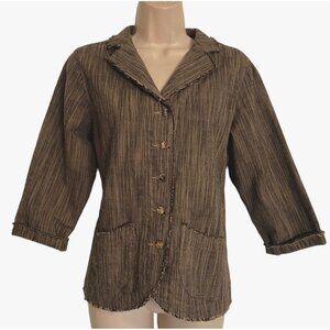 Keen Small Black Tan Blazer Button Down Raw Hem Fringe Pockets 3/4 Sleeve